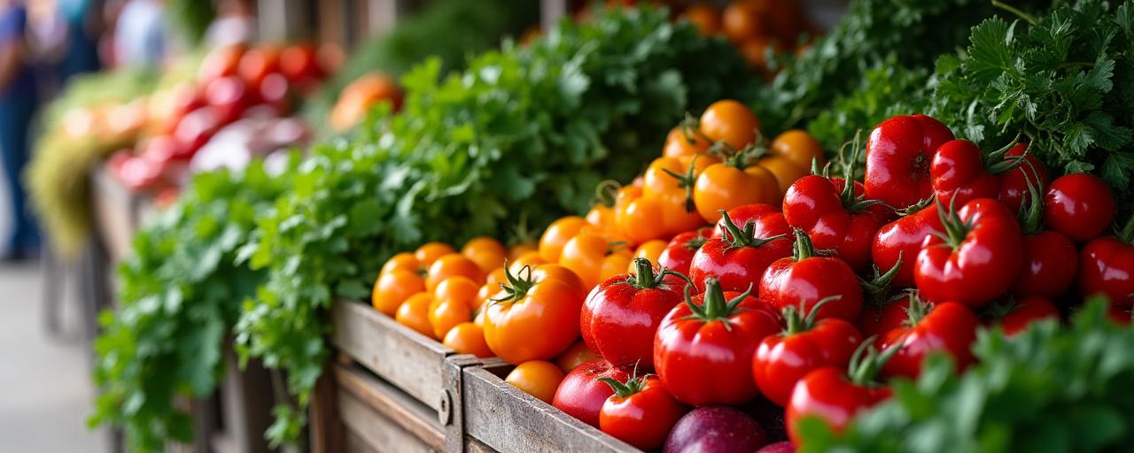 Frische, bunte Gemüse und Kräuter auf einem Marktstand, die die Regionalität symbolisieren.