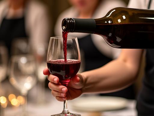 Professionelles Servicepersonal schenkt Wein ein.