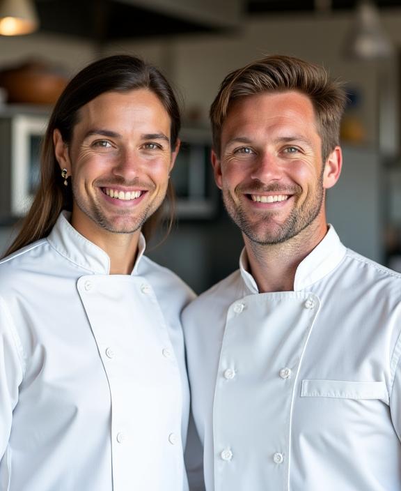 Porträt des Gründerteams von AlpenTeller in professioneller Küchenkleidung.